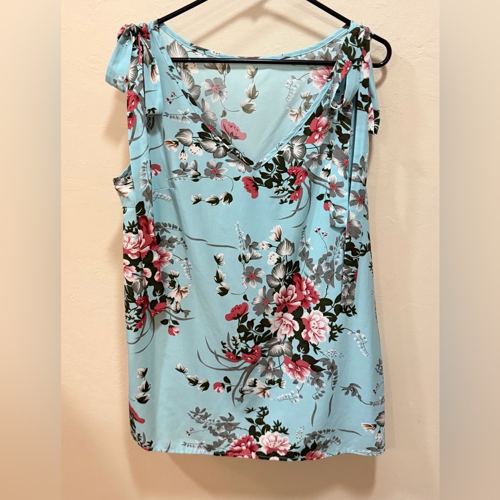 Women’s XL Silky Baby Blue Tank with Shoulder Ties Floral Top BlouseTie-Shoulder